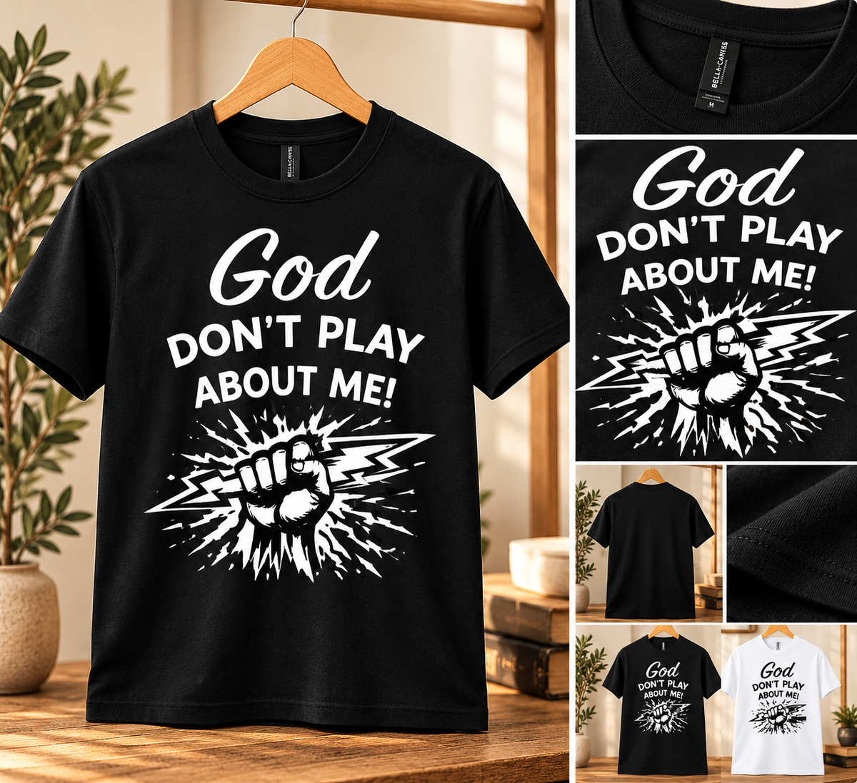 God Don't Play About Me shirt with detailed fist gripping lightning, studio product photography