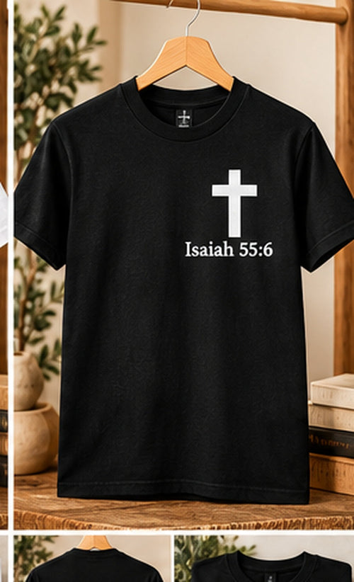 HolyTee's isaiah 55 6 shirt on wooden hanger in warm neutral studio