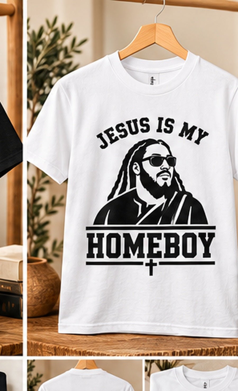 HolyTee's jesus is my homeboy shirt on wooden hanger in warm neutral studio