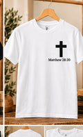 HolyTee's matthew 28 20 shirt on wooden hanger in warm neutral studio