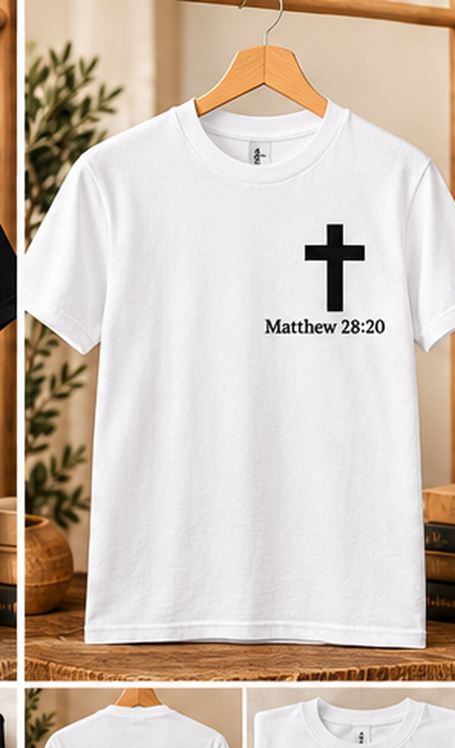 HolyTee's matthew 28 20 shirt on wooden hanger in warm neutral studio